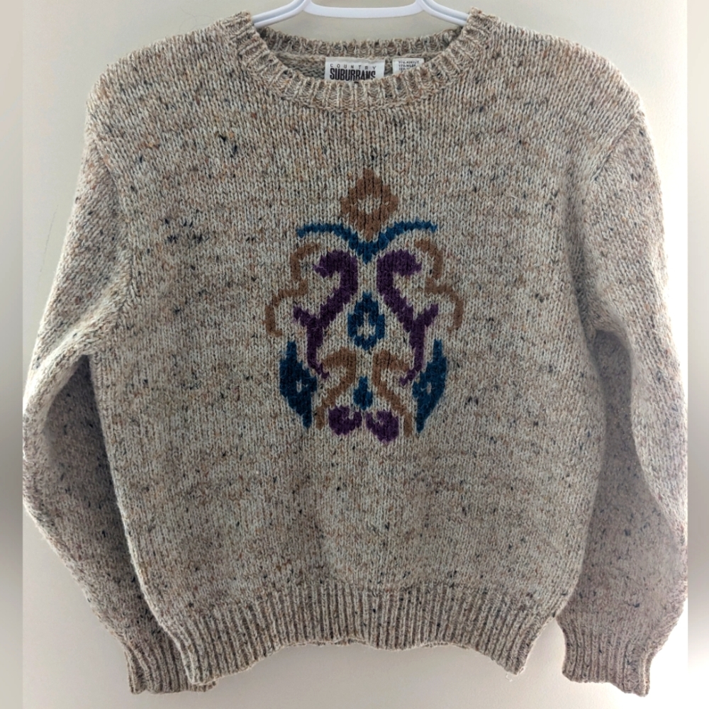 Vintage Knit Sweater Wool Blend Cream with Colorful Pattern Size L